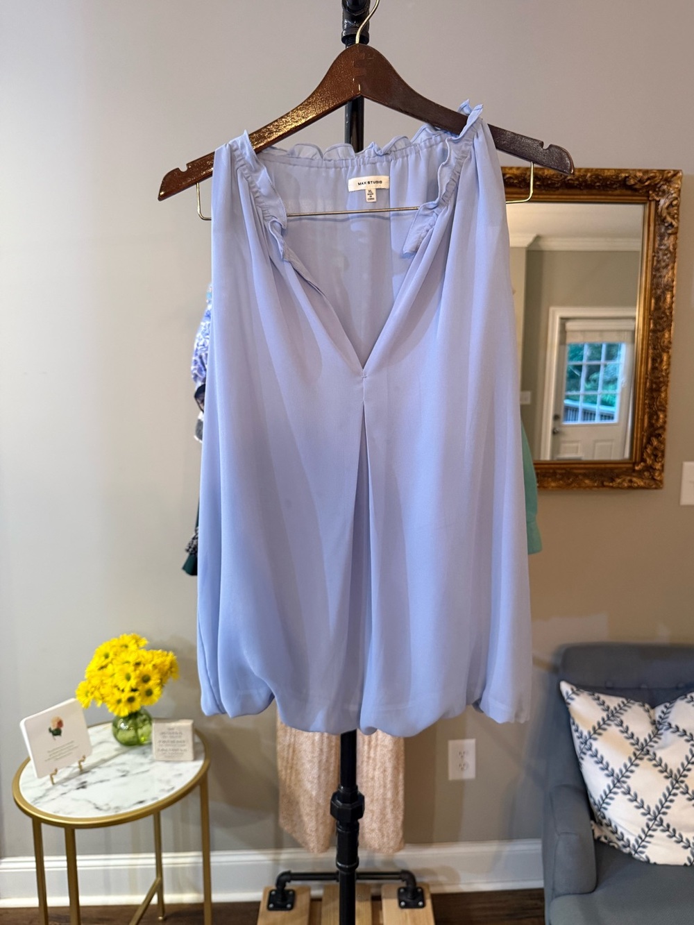 Max Studio Light Blue Sleeveless V-Neck Ruffle Blouse